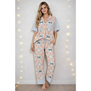 LANDS' END Women's Short Sleeve 100% Cotton Poplin Pajama Set XL Cottagecore